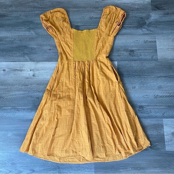 ModCloth Smocked Dress Mustard Yellow Embroidered Medium With Pockets Fe… - Picture 6 of 11